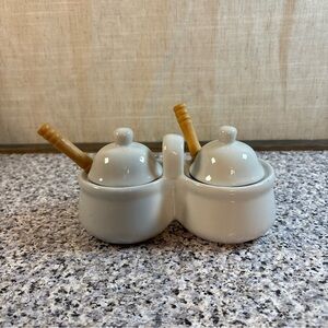 Vtg HH White Ceramic Double Condiment Jam Jelly Jar Set w/ Lids and Spoons - EUC